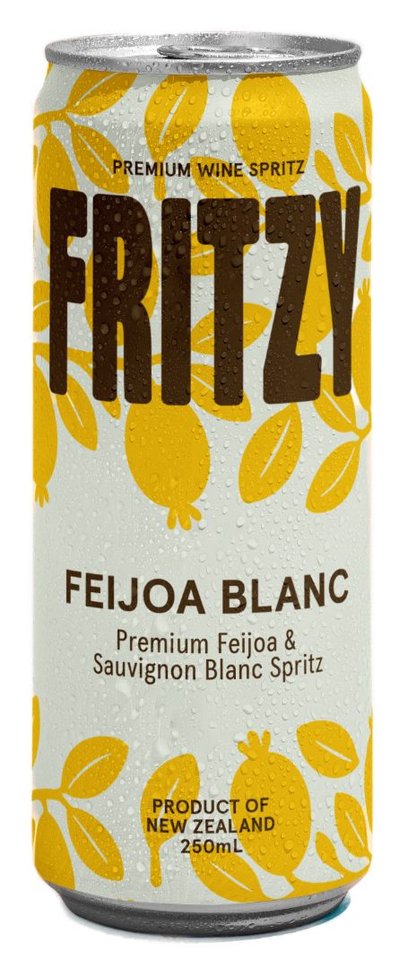 Fritzy Feijoa Blanc 250mL can featuring golden feijoa fruit illustrations on a cream label, 5% ALC/VOL premium wine spritz
